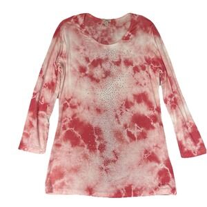 Reba Shirt‎ Womens M Pink Coral Orange Tie Dye Rhinestones Boho Hippie Festival